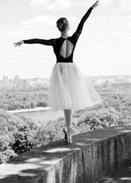 Young Woman White Tutu Dancing Green Landscape Beautiful Ballerina Showing — Stock Photo, Image