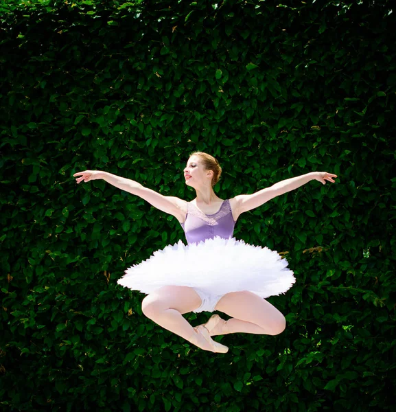 Ung Kvinna Vit Tutu Dansar Det Gröna Landskapet Vacker Ballerina — Stockfoto