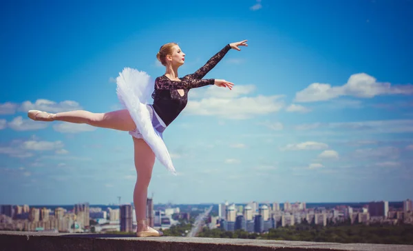 Mujer Joven Tutú Blanco Bailando Paisaje Verde Hermosa Bailarina Mostrando — Foto de Stock