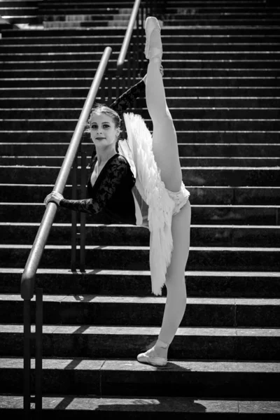 턱시도를 여성이 풍경에서 있습니다 발레를 아름다운 발레리나가 허공에 포즈를 취한다 — 스톡 사진