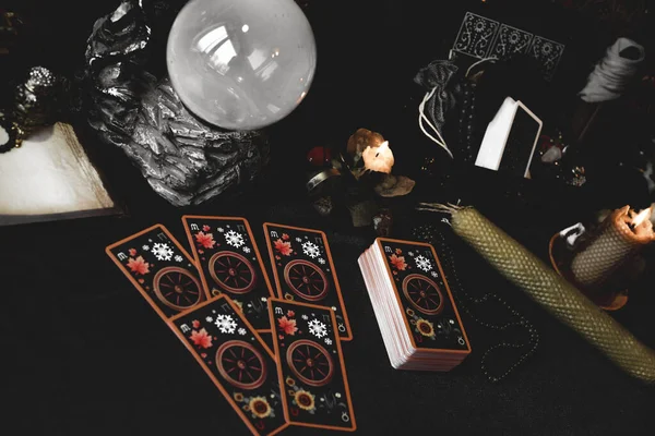 Tarot Cards Candles Witch Magic Objects Wicca Esoteric Divination Occult — Stock Photo, Image