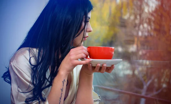 Young beautiful dreaming brunette woman drinking cup of coffee wearing lingerie sitting home by the window. Blurred yard tree background, concept of lady\'s dreams and wishes