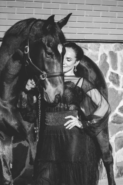 Een Elegante Ruiter Die Met Haar Paard Praat Portret Van — Stockfoto