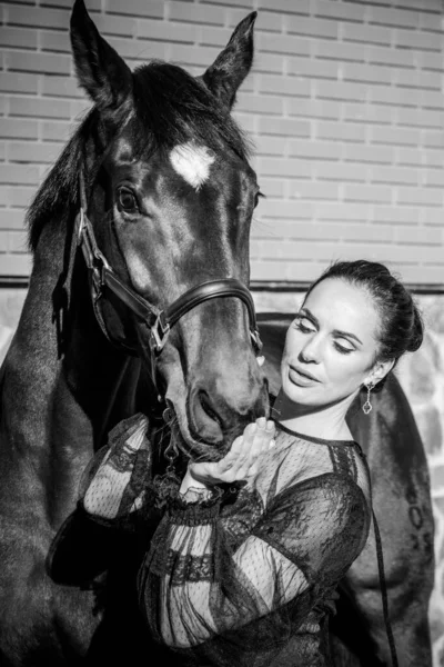 Een Elegante Ruiter Die Met Haar Paard Praat Portret Van — Stockfoto