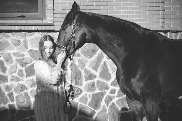 Een Elegante Ruiter Die Met Haar Paard Praat Portret Van — Stockfoto