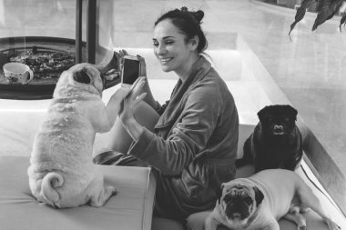 Evde sevimli köpekli hoş bir kadın var. Evcil hayvan evlat edinme, evcil hayvan hayatı. Pug taşıyan dişi, hayvanlar sağlıklı mutlu köpek yavrusu