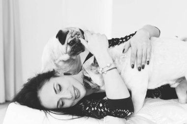 Evde sevimli köpekli hoş bir kadın var. Evcil hayvan evlat edinme, evcil hayvan hayatı. Pug taşıyan dişi, hayvanlar sağlıklı mutlu köpek yavrusu