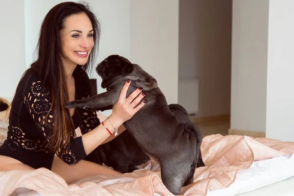Nice Woman Cute Pug Dog Home Pet Adoption Life Pets — Stock Photo, Image