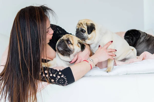 Nice Woman Cute Pug Dog Home Pet Adoption Life Pets — Stock Photo, Image