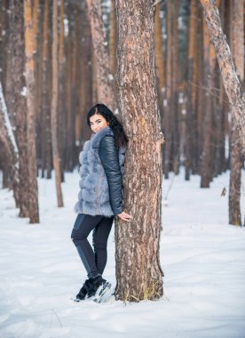 Gri kürklü kadın kış günü ormanda yürür, bayanlar gündelik moda.