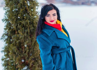 Kış tatili konsepti. Tarz sahibi Arap kadın dışarıda karlı bir güne bakıyor. Mavi alpaka paltolu kadın ve kış günü açık havada kırmızı-sarı atkı.