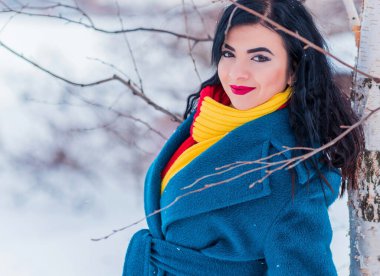 Kış tatili konsepti. Tarz sahibi Arap kadın dışarıda karlı bir güne bakıyor. Mavi alpaka paltolu kadın ve kış günü açık havada kırmızı-sarı atkı.