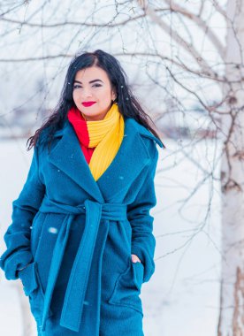 Kış tatili konsepti. Tarz sahibi Arap kadın dışarıda karlı bir güne bakıyor. Mavi alpaka paltolu kadın ve kış günü açık havada kırmızı-sarı atkı.