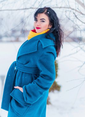 Kış tatili konsepti. Tarz sahibi Arap kadın dışarıda karlı bir güne bakıyor. Mavi alpaka paltolu kadın ve kış günü açık havada kırmızı-sarı atkı.