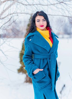 Kış tatili konsepti. Tarz sahibi Arap kadın dışarıda karlı bir güne bakıyor. Mavi alpaka paltolu kadın ve kış günü açık havada kırmızı-sarı atkı.