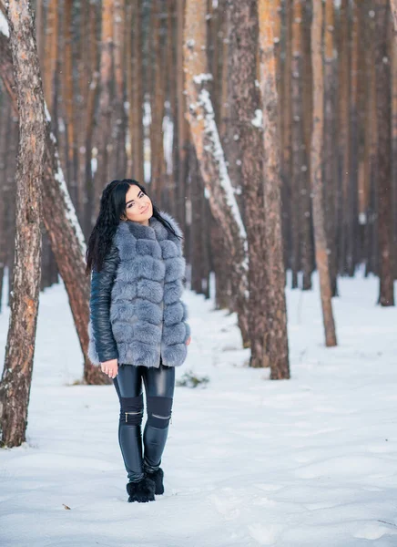 Mulher Casaco Pele Cinza Caminhar Floresta Dia Inverno Livre Senhoras — Fotografia de Stock