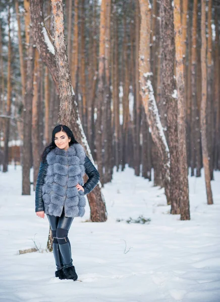 Mujer Abrigo Piel Gris Caminar Bosque Día Invierno Aire Libre — Foto de Stock