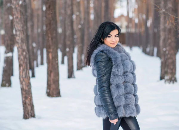 Mulher Casaco Pele Cinza Caminhar Floresta Dia Inverno Livre Senhoras — Fotografia de Stock