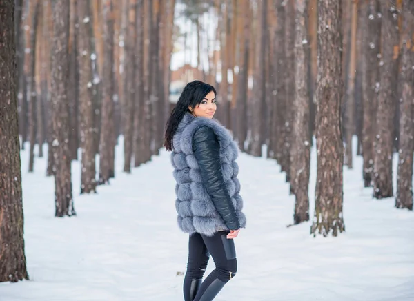 Donna Pelliccia Grigia Passeggiata Nella Foresta Durante Giornata Invernale All — Foto Stock