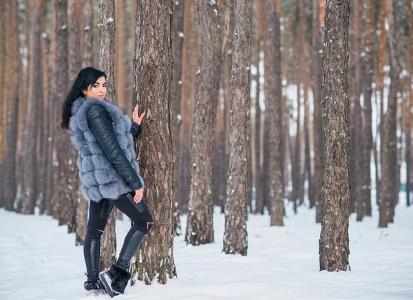 Vrouw Grijze Bont Jas Lopen Het Bos Winter Dag Buiten — Stockfoto