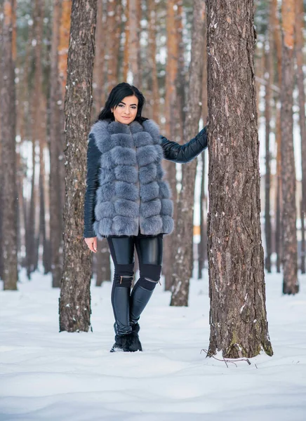 Gri kürklü kadın kış günü ormanda yürür, bayanlar gündelik moda.