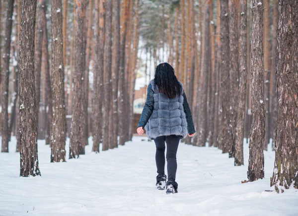 Szürke Szőrme Kabát Séta Erdőben Télen Szabadban Hölgyek Alkalmi Divat — Stock Fotó
