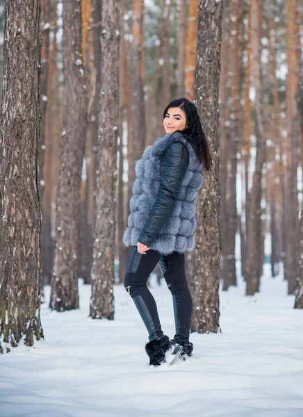 Mujer Abrigo Piel Gris Caminar Bosque Día Invierno Aire Libre — Foto de Stock