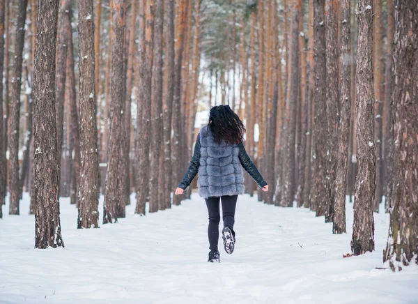 Mujer Abrigo Piel Gris Caminar Bosque Día Invierno Aire Libre — Foto de Stock