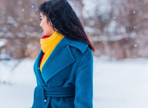 Conceito Férias Inverno Mulher Árabe Olhar Elegante Dia Nevado Fora — Fotografia de Stock