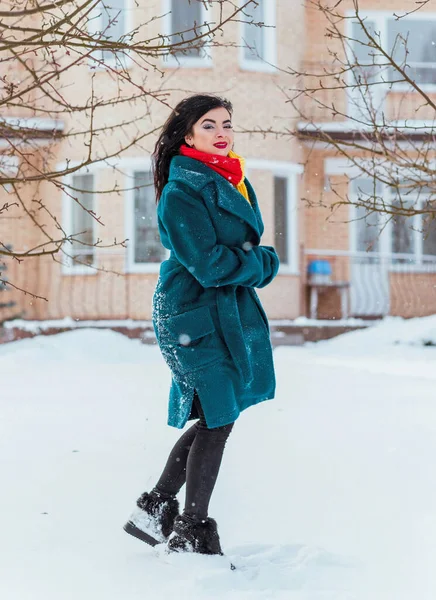 Концепція Зимових Свят Арабська Жінка Стилістичному Стилі Дивиться Сніговий День — стокове фото