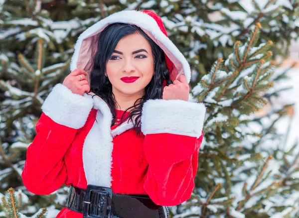 산타는 휴일에 의상을 여자가 크리스마스 홀리데이에 눈내리는 즐거운 시간을 긍정적 — 스톡 사진