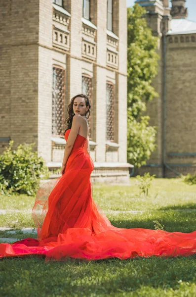 Βραδινά Φορέματα Έννοια Κομψό Φανταχτερό Στυλ Γυναίκα Κόκκινο Φόρεμα Ρούχα — Φωτογραφία Αρχείου