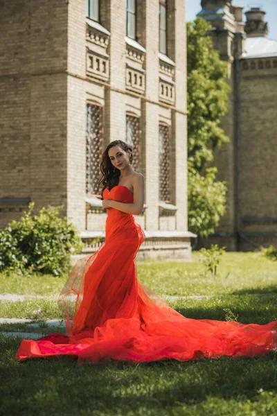 Concetto Abiti Sera Elegante Stile Fantasia Donna Abito Rosso Sera — Foto Stock