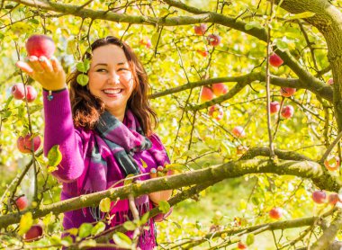 Sonbaharda gülümseyen güzel ve büyük beden modeli. Güzel bir sonbahar gününde gülümseyen büyük kızı kapatıyoruz. Yeni çağın standart güzelliğinin fotoğrafı.
