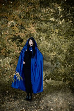 Cadılar Bayramı zamanı, cadılık, modern gotik kız mavi pelerinli kutlama. Fotoşoplar ve kostüm için iyi fikirler