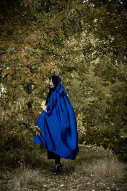 Cadılar Bayramı zamanı, cadılık, modern gotik kız mavi pelerinli kutlama. Fotoşoplar ve kostüm için iyi fikirler