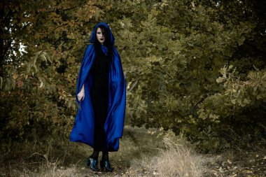 Cadılar Bayramı zamanı, cadılık, modern gotik kız mavi pelerinli kutlama. Fotoşoplar ve kostüm için iyi fikirler