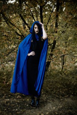 Cadılar Bayramı zamanı, cadılık, modern gotik kız mavi pelerinli kutlama. Fotoşoplar ve kostüm için iyi fikirler