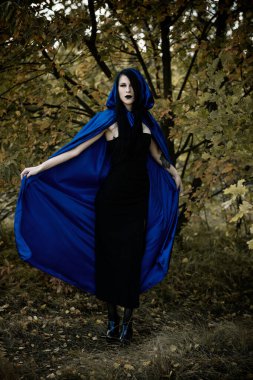 Cadılar Bayramı zamanı, cadılık, modern gotik kız mavi pelerinli kutlama. Fotoşoplar ve kostüm için iyi fikirler