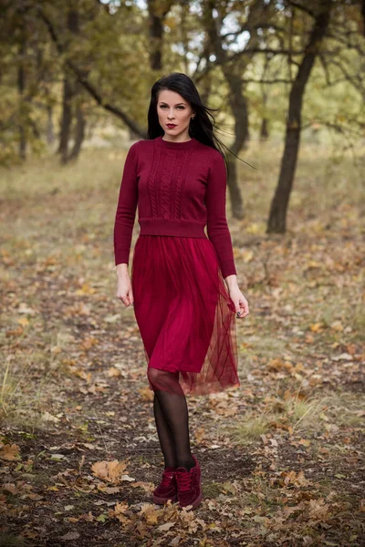 Outono Tempo Dourado Retrato Mulher Moda Usar Vestido Marsala Cena — Fotografia de Stock