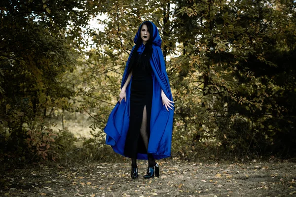 Halloween Tijd Hekserij Modern Gotisch Meisje Blauwe Mantel Vieren Goede — Stockfoto