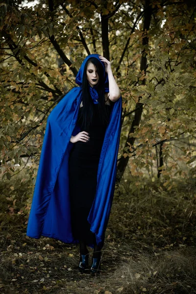 Halloween Čarodějnictví Moderní Gotická Dívka Modrém Plášti Slaví Dobrý Nápad — Stock fotografie