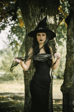 Gotik tarzda cadı görünümlü kadın, basit cadılar bayramı fikirleri kavramı