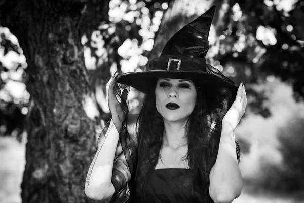 ゴシック様式の魔女の女性は 単純なハロウィーンのアイデアの概念を見る — ストック写真