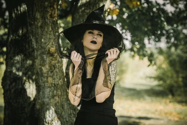 Femme Look Sorcière Style Gothique Concept Idées Simples Halloween — Photo