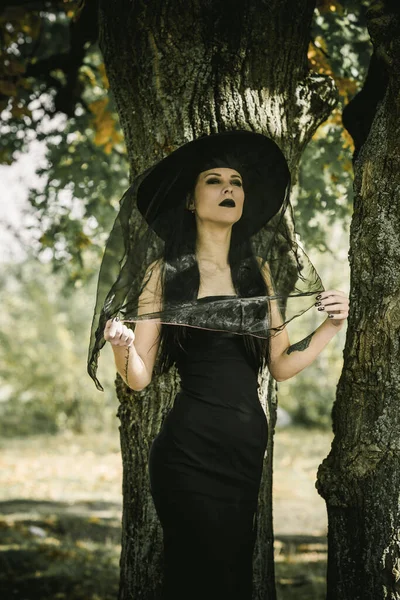 Mujer Aspecto Bruja Estilo Gótico Concepto Ideas Simples Halloween —  Fotos de Stock