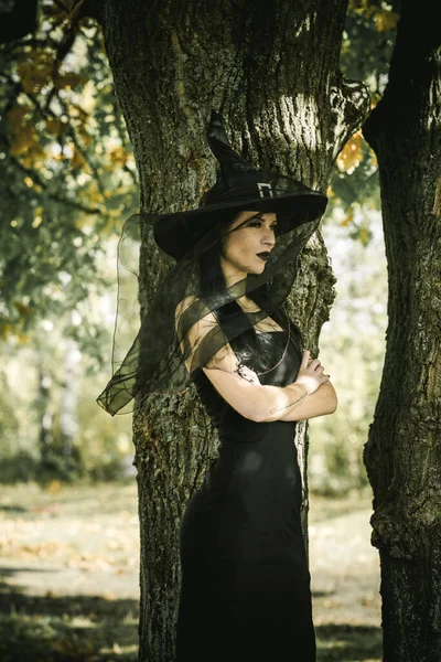 Mujer Aspecto Bruja Estilo Gótico Concepto Ideas Simples Halloween — Foto de Stock