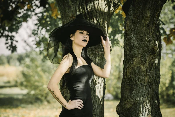 Femme Look Sorcière Style Gothique Concept Idées Simples Halloween — Photo