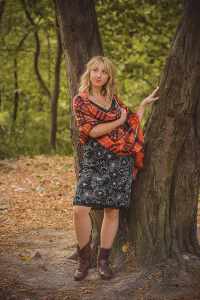 Mulher Outono Roupas Moda Conceito Moda Cena Parque Com Meia — Fotografia de Stock