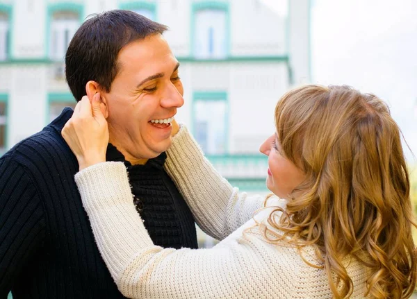 Happy Middle Age Couple Love Having Fun Outdoors Smiling Romantic — Stock Photo, Image